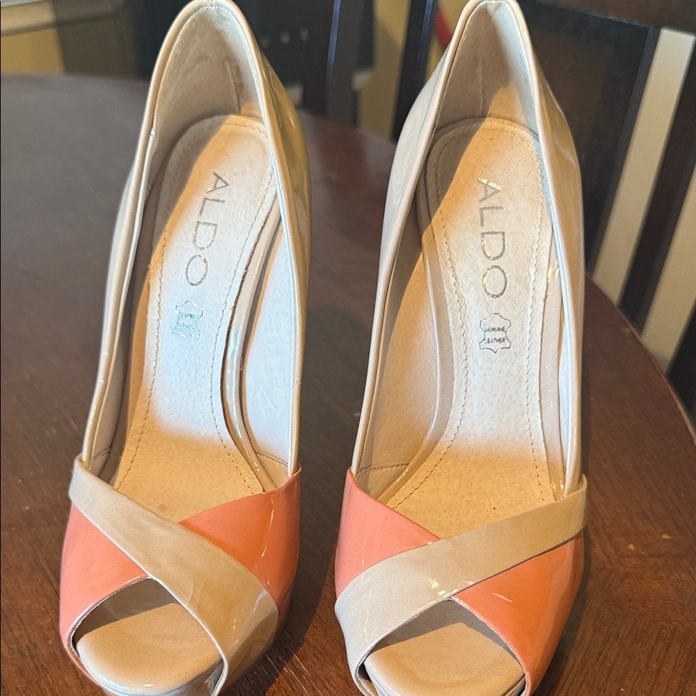 Aldo Beige and Coral Patent Peep-Toe Stilettos - Picture 5 of 7